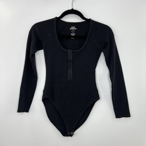 Good American Tops - Good American Micro Rib Cotton Bodysuit Black Long Sleeve Snap Up Size 1